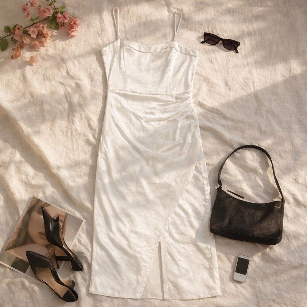 Express Satin Slip Dress Bias Cut Maxi White Front Slit Minimalist Y2K CBK M